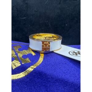 Tory Burch Miller T Ring Gold White Enamel Size 7 NWT w Dust Pouch